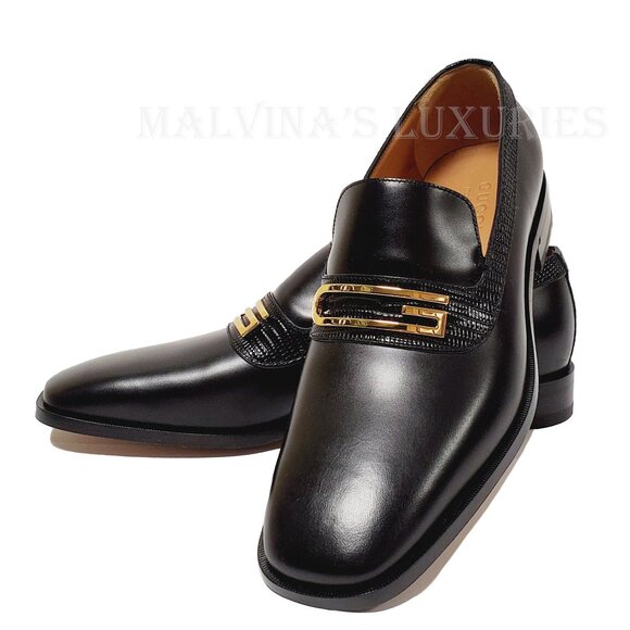 GUCCI SHOES MENS GEOMETRIC G LOGO BLACK LEATHER LOAFERS w LIZARD sz 10 10.5 - Picture 4 of 15